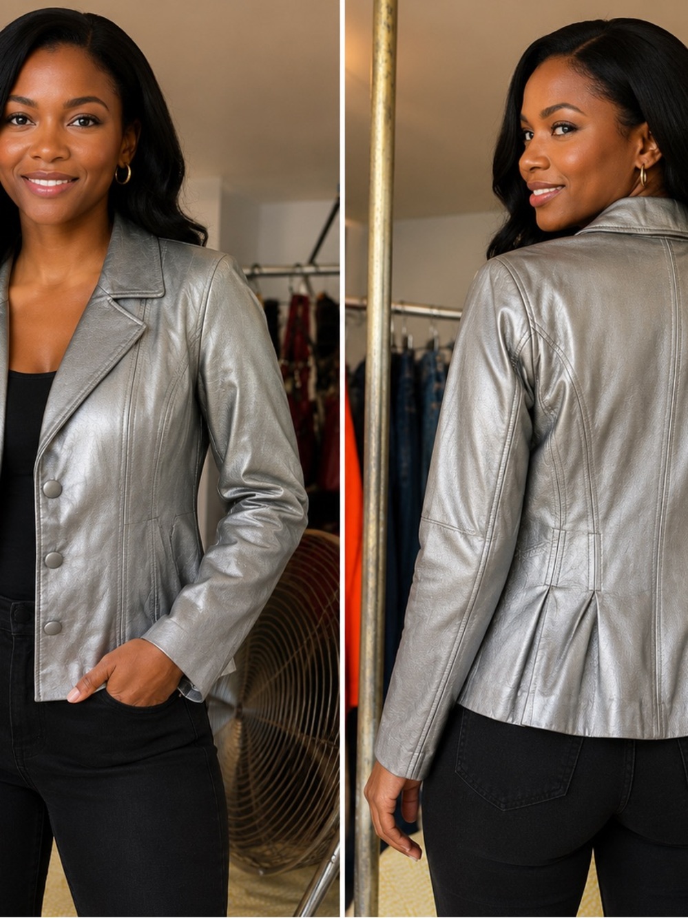 Metallic Silver Leather Blazer Jacket - Women's Tailored Leather